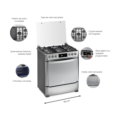 ESTUFA INDURAMA CON HORNO CONVECCIÓN 30" CON 5 QUEMADORES MONTECARLO